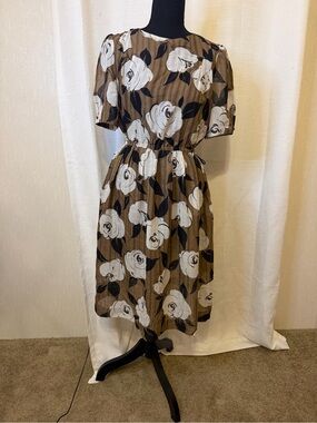 Brown Floral Midi Dress with White Bloom Print
